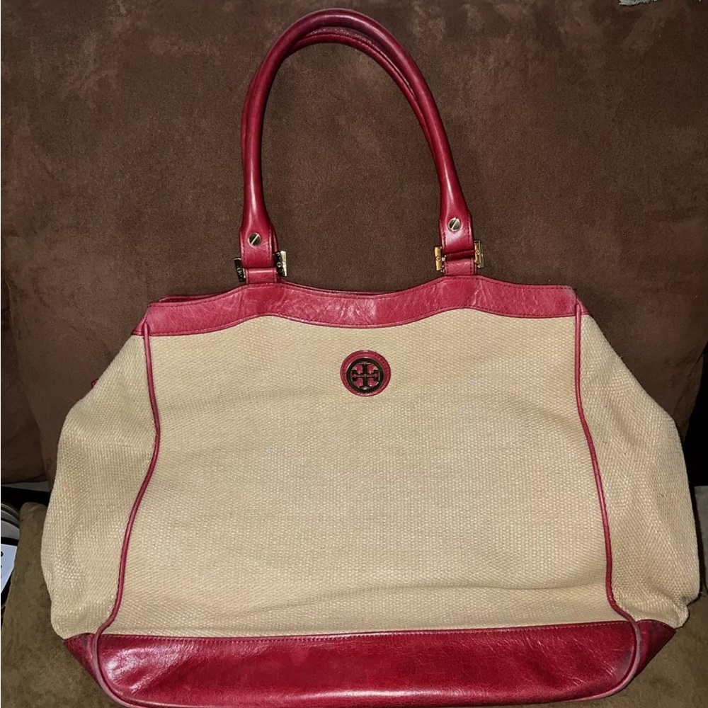 TORY BURCH Straw  Leather Tote Shoulder Bag. Color Beige / Khaki